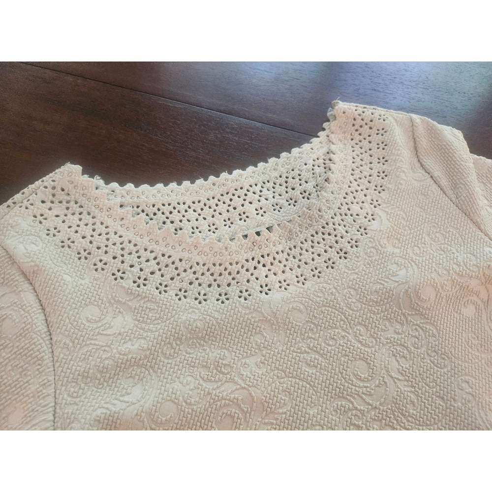 Cathy Blouse Womens Small Cream Eyelet Lace Trim 3/4 Sleeve Textured Jacquard